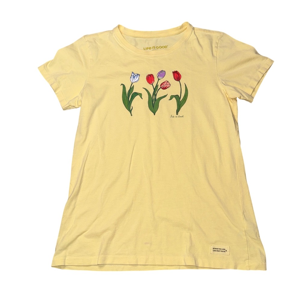 Life is Good Crusher Tee Small Yellow Tulip Floral Graphic Short Sleeve Shirt - Picture 2 of 7